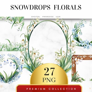Set of 27, Watercolor Snowdrops Florals, Snowdrops Clipart, Snowdrops PNG, Floral Clipart, Spring Clipart, Sublimation PNG, Digital Download