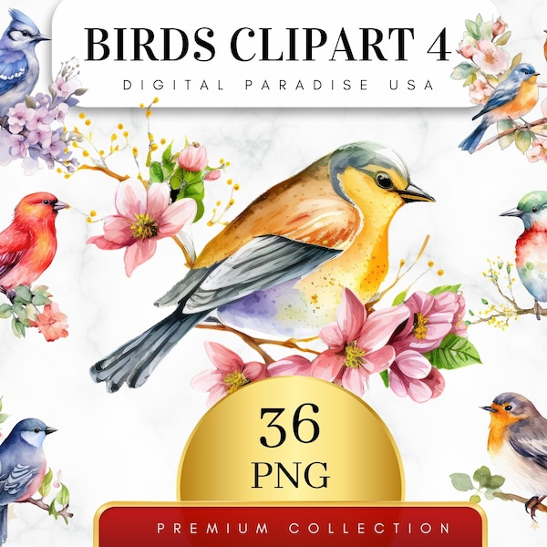 Set of 36, Watercolor Birds Clip Art, Colorful Birds Clipart, Spring Clipart, Bird Illustration,  Cute Birds Png, Sublimation, Digital PNG