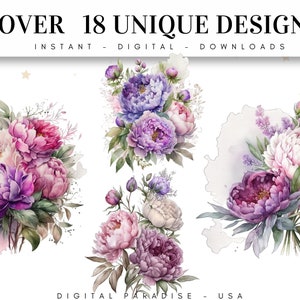 May include: A set of three watercolor illustrations of pink and purple peonies. The flowers are arranged in bouquets and have a soft, romantic feel. The illustrations are perfect for use in digital scrapbooking, card making, and other creative projects.