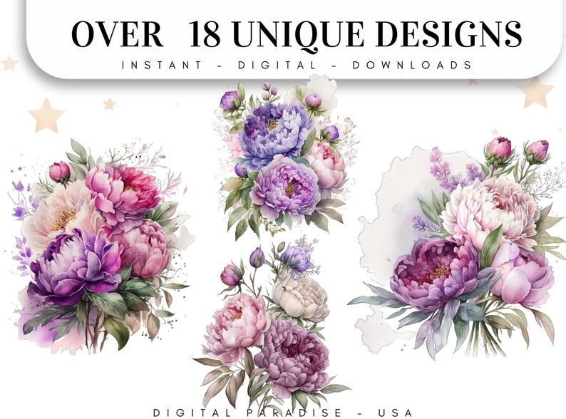 May include: A set of three watercolor illustrations of pink and purple peonies. The flowers are arranged in bouquets and have a soft, romantic feel. The illustrations are perfect for use in digital scrapbooking, card making, and other creative projects.