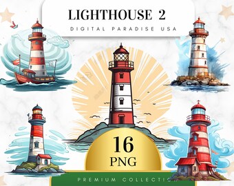 Set of 16, Lighthouse Clipart 2, Nautical Clipart, Ocean Theme, Lighthouse PNG, Coastal Decor, Lighthouse Art, Sublimation, Digital Download