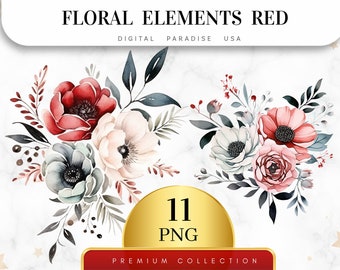 Conjunto de 11 elementos florales rojos de acuarela, imágenes prediseñadas florales, PNG florales, imágenes prediseñadas de boda, diario basura, PNG de sublimación, descarga digital