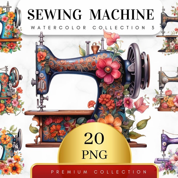 Set of 20, Watercolor Floral Sewing Machine PNG, Floral Sewing Machine Clipart, Quilting Clipart, Sewing Clipart, Vintage Png, Digital Png