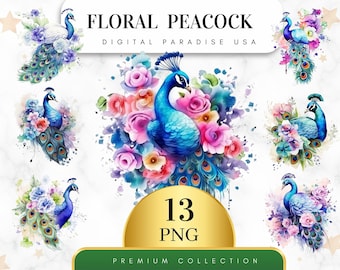 Set van 13, bloemen pauw clipart, pauw png, aquarel pauw, pauw kunst, ongewenste dagboek, kinderkamer kunst, sublimatie png, digitale download