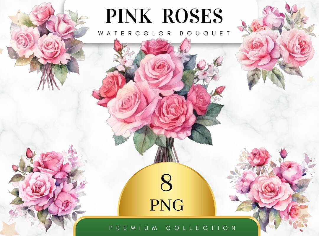 Set of 8, Watercolor Pink Roses Bouquet, Floral Clipart, Wedding Clip ...