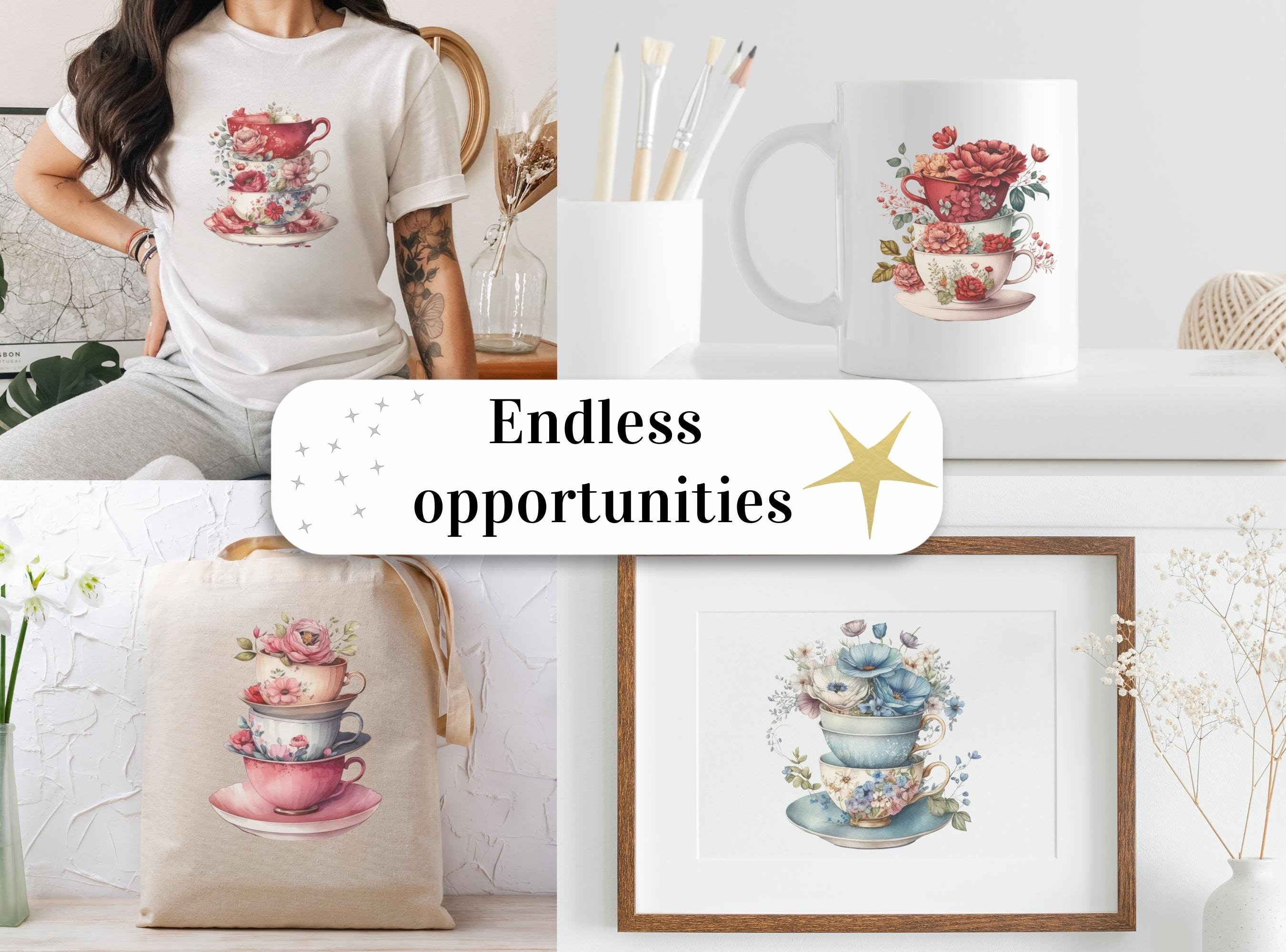 水彩画 ティーセット 絵画 Set of 11, Watercolor Vintage Teacup Clipart, Tea Time Art