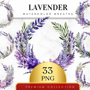 Set of 33, Watercolor Lavender Wreaths, Floral Clipart , Watercolor Frame PNG, Watercolor Spring Clipart, Botanical Clipart, Digital PNG