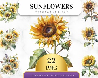Könnte beinhalten: Eine Sammlung von 22 Aquarell-Sonnenblumen-Illustrationen im PNG-Format. Die Sonnenblumen sind in verschiedenen Blühstadien dargestellt, einige sind vollständig geöffnet, andere noch in der Knospe. Die Illustrationen sind perfekt, um Ihren Designs einen Hauch von Sommer zu verleihen.