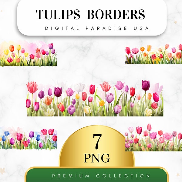 Set of 7, Watercolor Tulips Borders Clipart, Tulip Clipart, Tulip PNG, Floral Clipart, Spring Clipart, Sublimation PNG, Digital Download