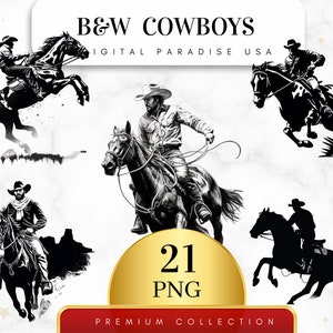Set of 21, B&W Cowboys Clipart, Cowboy PNG, Western Art, Cowboy Bundle, Scrapbook Clipart, Cowboy Sublimation, Junk Journal,Digital Download