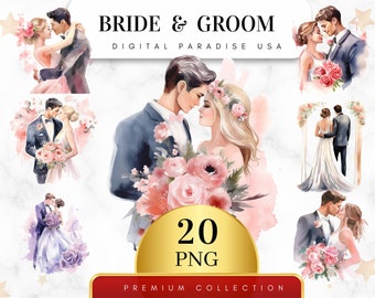 Set of 20, Bride and Groom Clipart, Wedding Clipart, Just Married Clipart, Bride and Groom PNG, Wedding Day, Sublimation, Digital Download