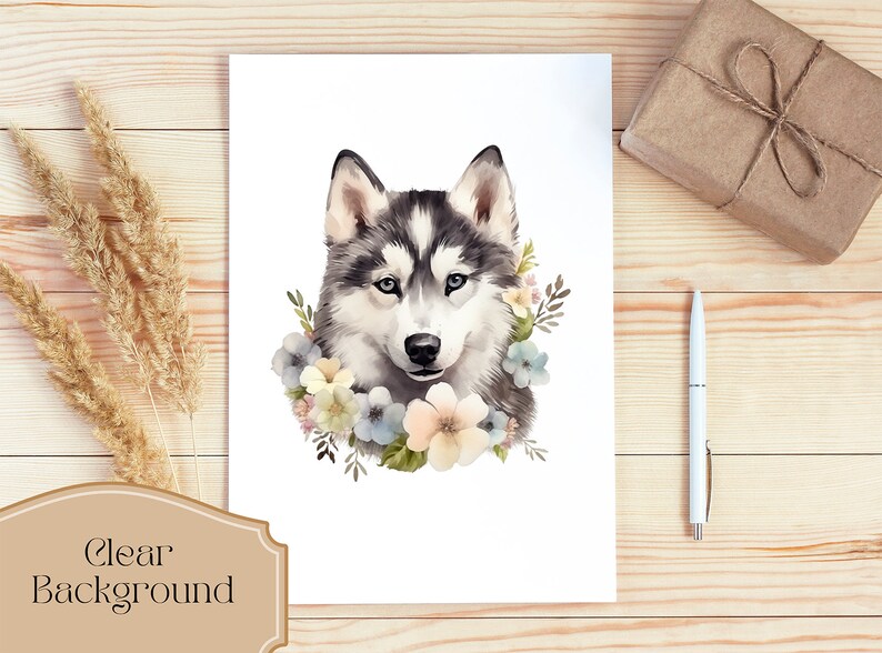Set di 24, Clipart floreali di husky siberiano, PNG di husky, Clipart di husky, Arte floreale di cani, Animali floreali in formato PNG, PNG a sublimazione, Download digitale immagine 3