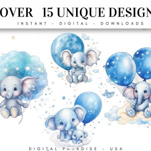 Set of 15, Watercolor Elephant, Baby Elephant Clipart, Baby Elephant ...