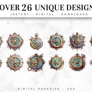 Set of 26, Steampunk Compass Clipart, Vintage Compass PNG, Victorian Nautical Art, Retro Clipart, Sublimation Png, Wall Art,Digital Download image 2