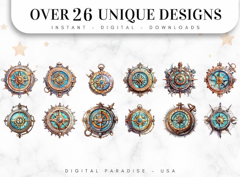 Set of 26, Steampunk Compass Clipart, Vintage Compass PNG, Victorian Nautical Art, Retro Clipart, Sublimation Png, Wall Art,Digital Download image 2