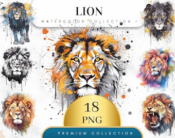 Set von 18, Aquarell Löwe Clipart, Löwe PNG, Boho Löwen-Set, Aquarell Löwe, Baby-Dusche Clipart, digitale Kunst, Sublimation Png, Digitale PNG