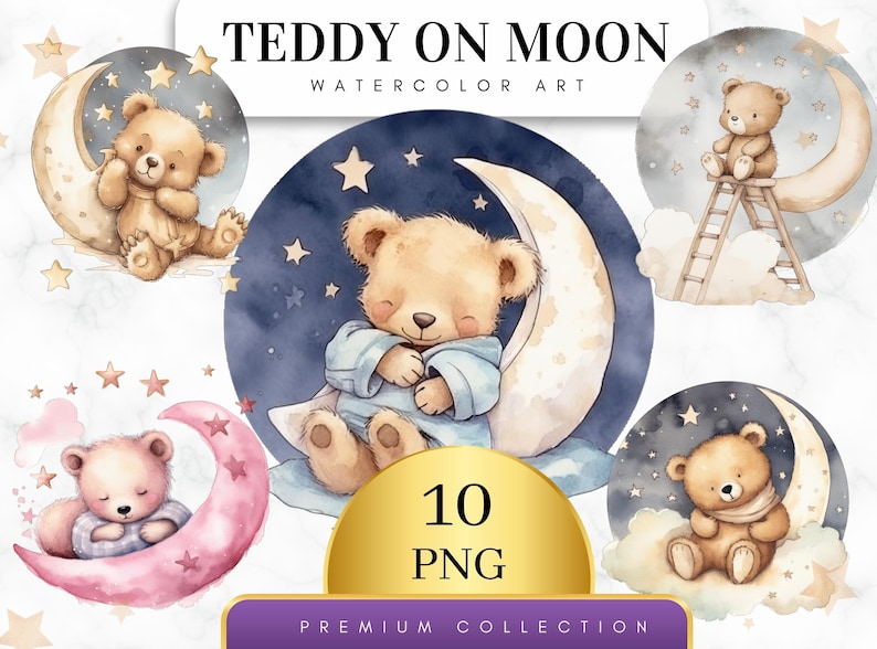 Zestaw 10 sztuk, akwarelowy miś na księżycu, miś PNG, grafika do pokoju dziecięcego, słodki miś Clipart, sublimacja PNG, grafika Miś Clipart, cyfrowy PNG zdjęcie 1