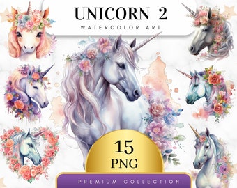 Lot de 15, clipart aquarelle licorne, licorne Сlip Art, licorne mignonne, licorne Png, clipart licorne, aquarelle licorne Png, PNG numérique