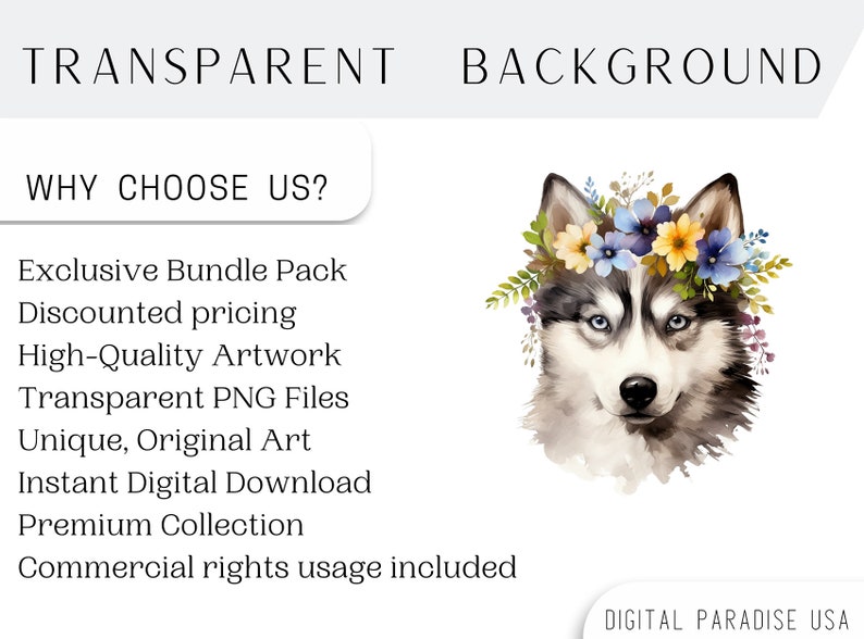 Set di 24, Clipart floreali di husky siberiano, PNG di husky, Clipart di husky, Arte floreale di cani, Animali floreali in formato PNG, PNG a sublimazione, Download digitale immagine 4