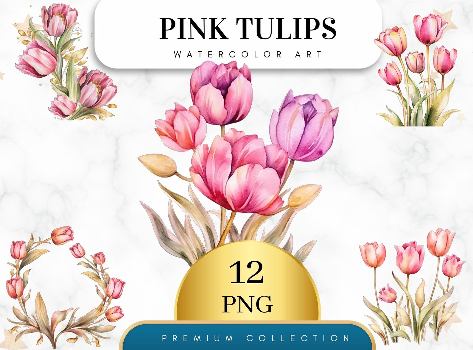 Set of 12, Watercolor Pink Tulips Clipart, Tulips PNG, Floral Clipart ...