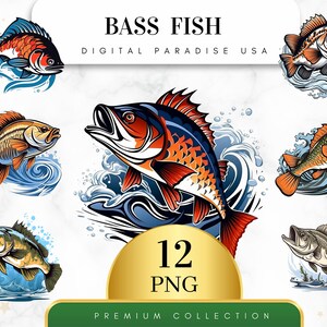 Conjunto de 12 imágenes prediseñadas de lubina, imágenes prediseñadas de peces, imágenes PNG de peces, imágenes prediseñadas de pesca, imágenes prediseñadas de vida en el lago, criaturas marinas, imágenes PNG de sublimación, descarga digital imagen 1