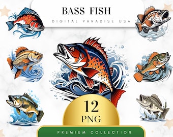 Set of 12, Bass Fish Clipart, Fish Clipart, Fish PNG, Fishing Clipart, Lake Life Clipart, Sea Creatures, Sublimation PNG, Digital Download
