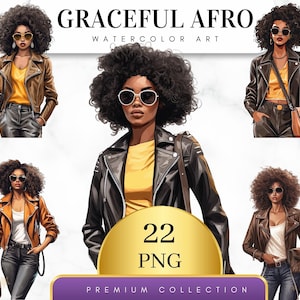 Set of 22, Watercolor Graceful Afro Clipart, Afro woman png, Black Girl Clipart, Black Girl Png, Black Girl Fashion, Afro Png, Digital Png