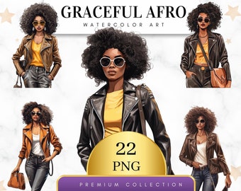 May include: A digital illustration set of 22 watercolor style PNG images featuring four women with afro hairstyles wearing leather jackets and sunglasses. The women are depicted in various poses and expressions. The text "GRACEFUL AFRO WATERCOLOR ART" is displayed at the top of the image.