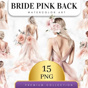 Set van 15, aquarel Blush Pink Bride Back Clipart, Wedding Day Clipart PNG, Just Married Clipart, Bruid en Bruidegom Png, Digitale PNG
