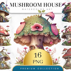 Set of 16, Mushroom Houses Clipart, Fairy Mushroom House Clipart png, Magical Mushroom House, Fantasy Mushroom Clip art, Digital PNG