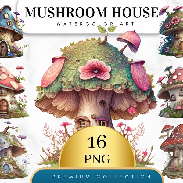 Set von 16, Pilz Häuser Clipart, Feenpilz Haus Clipart png, magisches Pilzhaus, Fantasy Pilz Clip Art, digitales PNG