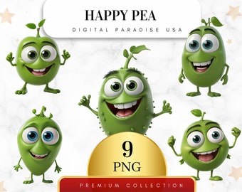 Set of 9, Happy Pea Clipart, Cute Pea PNG, Garden Clipart, Vegetable Clipart, Happy Face Pea, Sublimation PNG, Digital Download