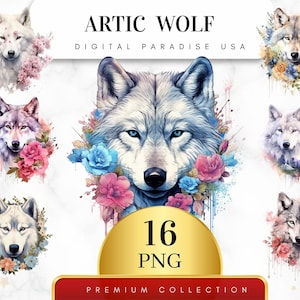 May include: A digital art collection of 16 PNG images featuring an arctic wolf with watercolor flowers. The wolf is white with blue eyes and is surrounded by pink, blue, and white flowers. The text "ARTIC WOLF" and "DIGITAL PARADISE USA" is at the top of the image. The text "16 PNG" is in a gold circle and the text "PREMIUM COLLECTION" is at the bottom of the image.