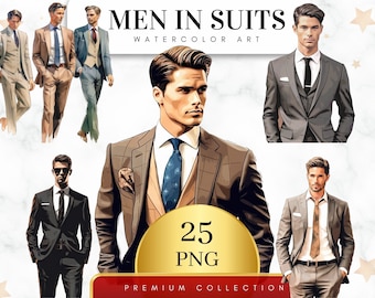 Set of 25, Watercolor Men in Suits Clipart, Handsome Men Clipart, Fashion Men Png, Fashion Male Png, Man Png , Sublimation Png, Digital Png