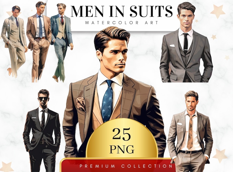 Set di 25, Clipart di uomini in giacca e cravatta ad acquerello, Clipart di uomini belli, Moda uomo PNG, Moda uomo PNG, Uomo PNG, Sublimazione PNG, Digitale PNG immagine 1