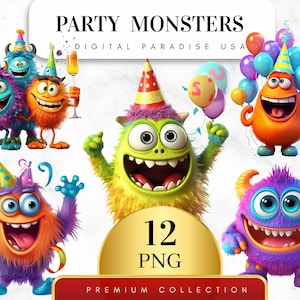 Set of 12, Party Monsters Clipart, Monster PNG, Halloween Clipart, Kids Party Decor, Nursery Clipart, Digital Download, Sublimation PNG
