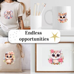 May include: A set of four different products featuring a cute cartoon owl with pink flowers. The products include a t-shirt, a tote bag, a mug, and a framed print.  Endless opportunities.