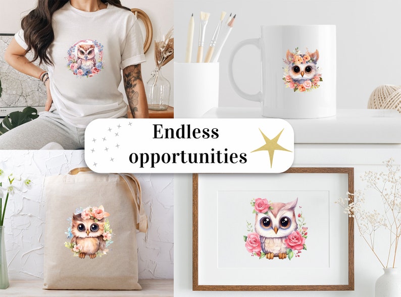 May include: A set of four different products featuring a cute cartoon owl with pink flowers. The products include a t-shirt, a tote bag, a mug, and a framed print.  Endless opportunities.