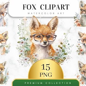 Set of 15, Watercolor Floral Foxes Clipart, Printable Art, Cute Fox PNG | Woodland Animals Clipart, Fox Digital Illustration, Digital PNG