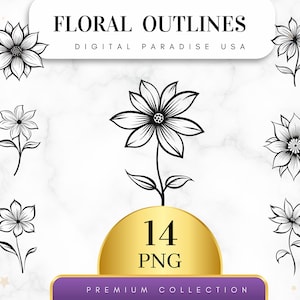 Set of 14, Floral Outlines Clipart, Flower PNG, Watercolor Floral design, Flowers Digital Paper , Watercolor Flower Clipart, Digital PNG