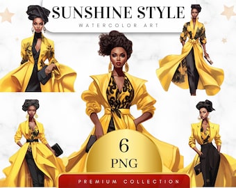Set of 6, Watercolor Sunshine Style, Fashion Girls Clipart, Black Girl Clipart, Watercolor Girls, Girl Clipart, Afro Girls Png, Digital Png