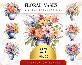 Set of 27, Floral Vases Clipart, Floral PNG, Watercolor Flowers in Vase, Botanical Art, Card Making, Digital Paper, Sublimation, Digital PNG