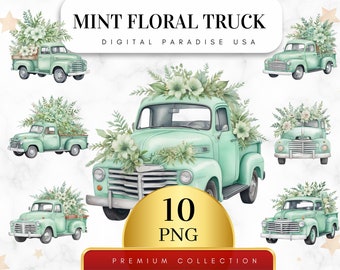Set of 10, Mint Floral Truck Clipart, Floral Truck PNG, Vintage Truck Clipart, Flower Truck Clipart, Sublimation PNG, Digital Download
