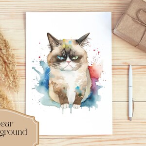 Conjunto de 4, imágenes prediseñadas de gato gruñón en acuarela, gato gruñón PNG, camiseta de gato gruñón, sublimación de animales PNG, gato PNG, arte de gato gruñón, PNG digital imagen 3