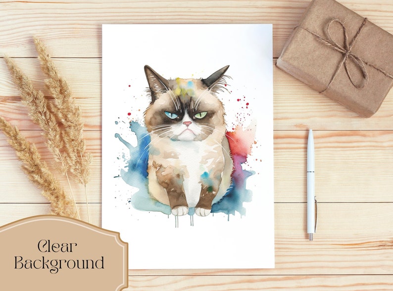Conjunto de 4, imágenes prediseñadas de gato gruñón en acuarela, gato gruñón PNG, camiseta de gato gruñón, sublimación de animales PNG, gato PNG, arte de gato gruñón, PNG digital imagen 3