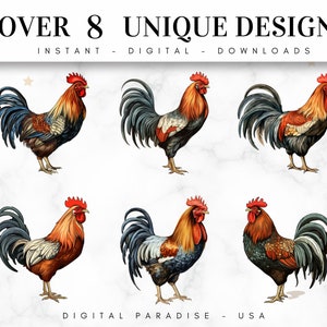 May include: Six digital illustrations of roosters in various poses. The roosters are depicted in a realistic style with detailed feathers and bright colors. The background is a white marble texture.
