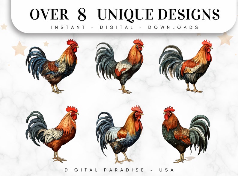 May include: Six digital illustrations of roosters in various poses. The roosters are depicted in a realistic style with detailed feathers and bright colors. The background is a white marble texture.