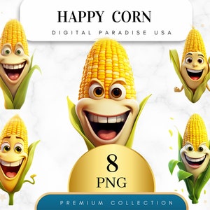 Set of 8, Happy Corn Clipart, Corn PNG, Watercolor Corn, Corn Art, Junk Journal Clipart, Scrapbook Bundle, Sublimation PNG, Digital Download