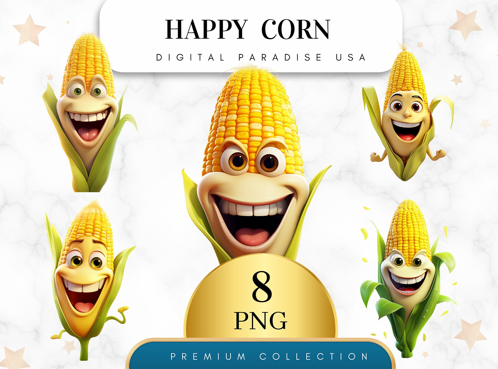 Set of 8, Happy Corn Clipart, Corn PNG, Watercolor Corn, Corn Art, Junk Journal Clipart, Scrapbook Bundle, Sublimation PNG, Digital Download
