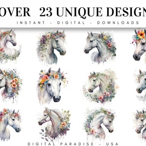 Set of 23, Watercolor Floral Horse Art, Floral Horse Clipart, Watercolor Horse Png, Card Making, Mixed Media, Floral Horse Svg, Digital PNG image 2
